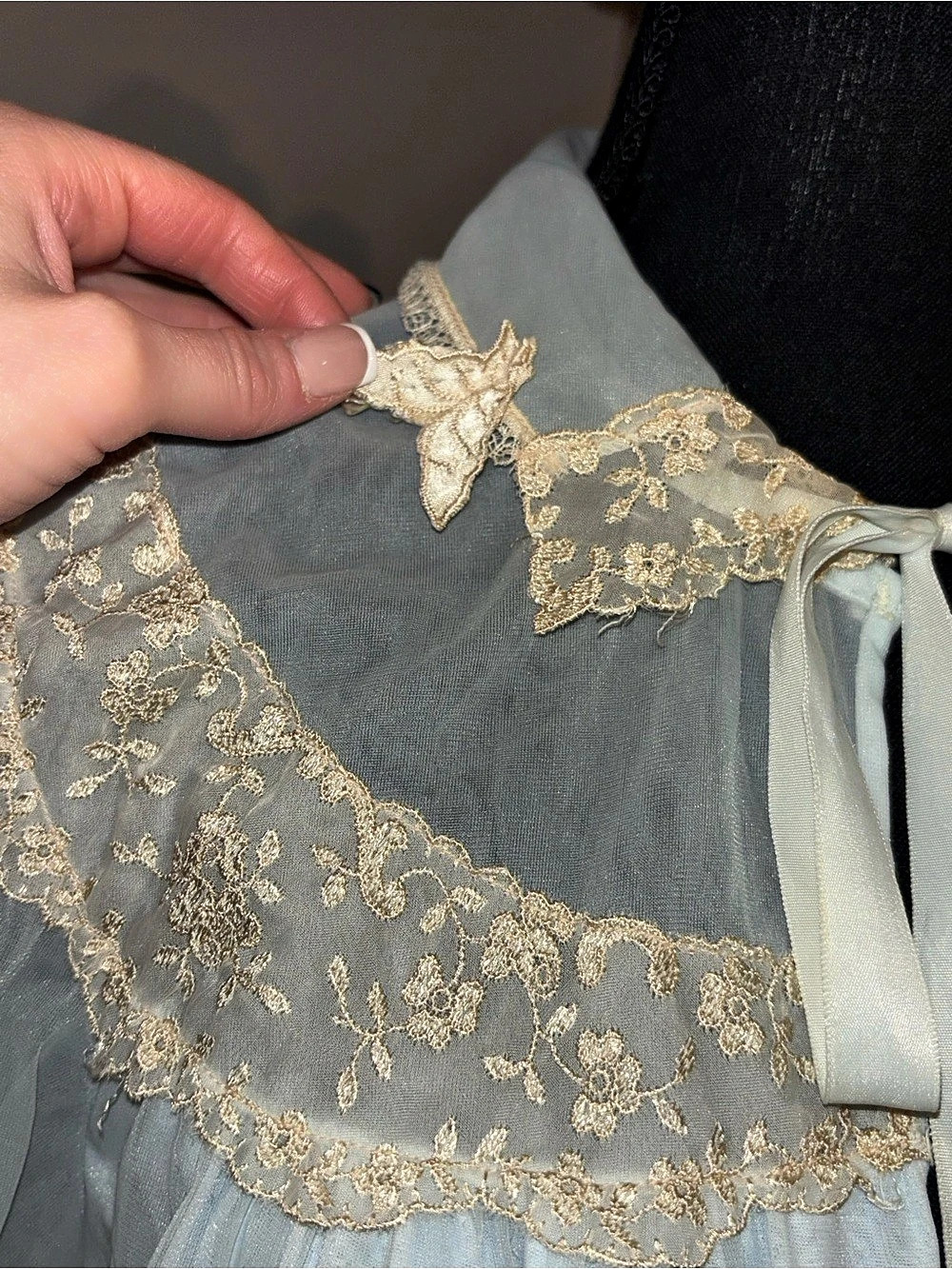 Vintage Miss Siren Blue Sheer Bed Jacket Lace Embroidered Bow Robe Coquette - Picture 2 of 12